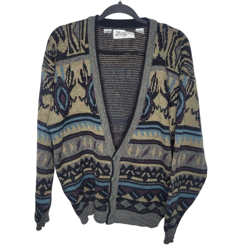 Vintage 80s Zeppelin Mens Geometric Paisley Cardigan Size Large